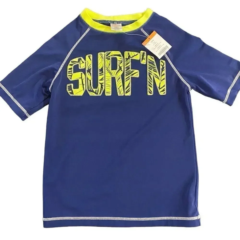 Gymboree NEW Medium 7/8 Rash Gaurd swim top boys 50 spf short sleeve surf blue